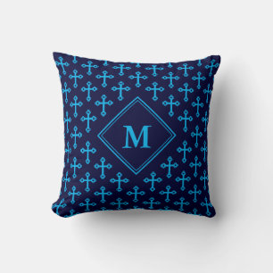 Modern Navy Blue Cyan CROSS Monogram Throw Pillow