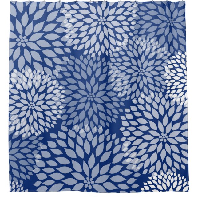 Modern Navy Blue Dahlia Floral Shower Curtain (Front)