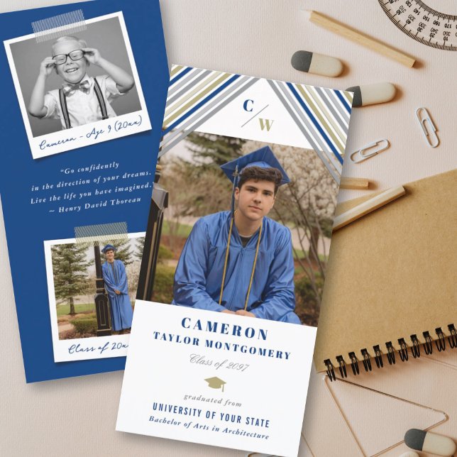Modern Navy Blue Diagonal Stripes Photo Graduation Announcement (Creator Uploaded)