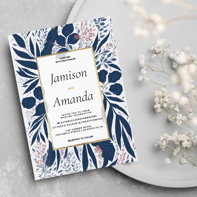 Modern navy blue dusty pink floral Wedding Invitation (Modern navy blue dusty pink floral Wedding )