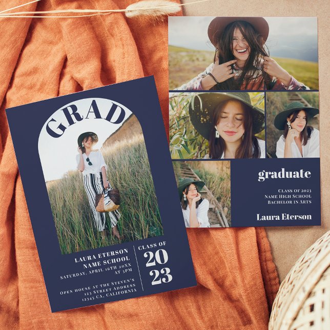 Modern navy blue elegant 5 photos graduation invitation (Creator Uploaded)
