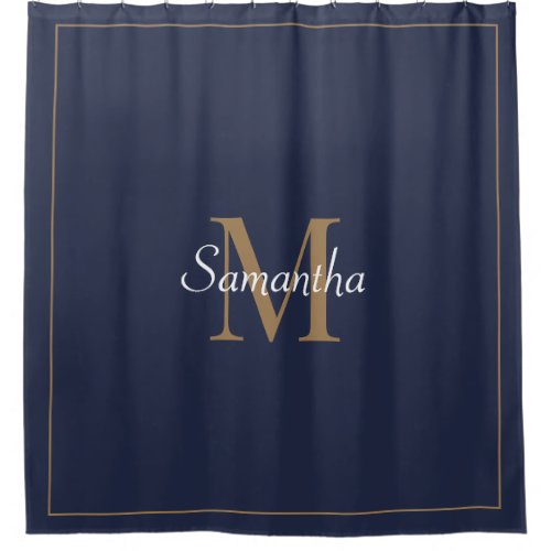 Modern Navy Blue Elegant Gold Monogram Shower Curtain