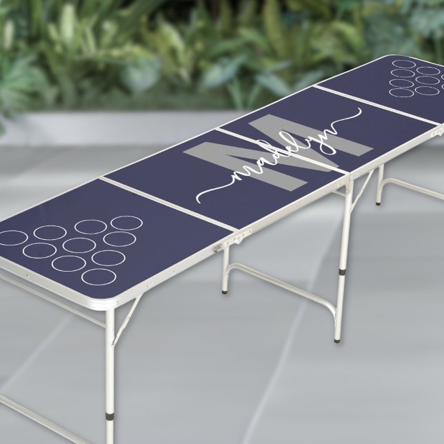 Modern Navy Blue Elegant Script Name Monogram Beer Pong Table (Modern Navy Blue Elegant Script Name Monogram Beer Pong Table)