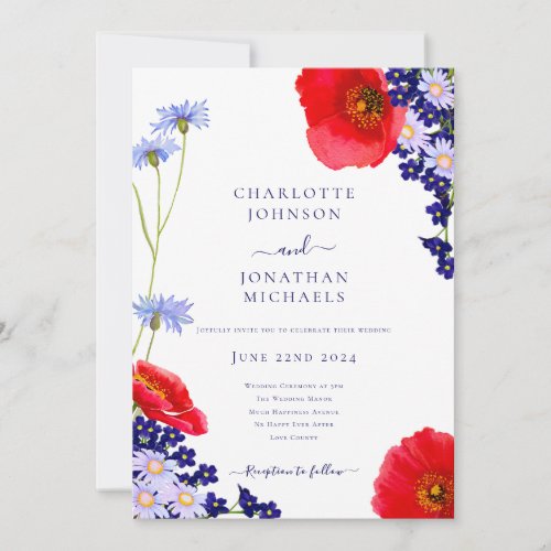 Modern Navy Blue Elegant Summer Floral Wedding Invitation