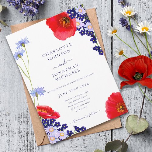 Modern Navy Blue Elegant Summer Floral Wedding Invitation