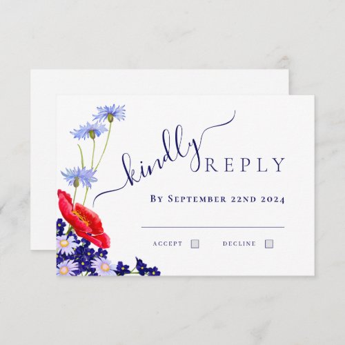 Modern Navy Blue Elegant Summer Floral Wedding RSVP Card