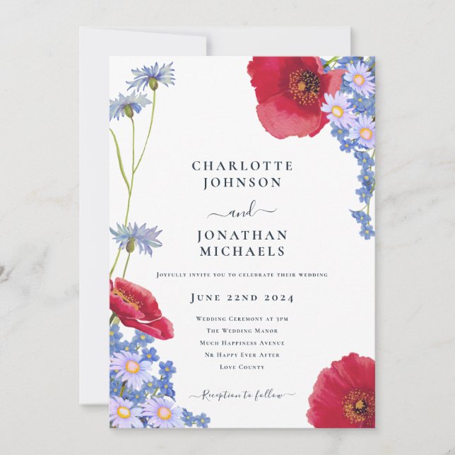 Modern Navy Blue Elegant Wildflower Floral Wedding Invitation (Front)