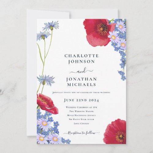 Modern Navy Blue Elegant Wildflower Floral Wedding Invitation