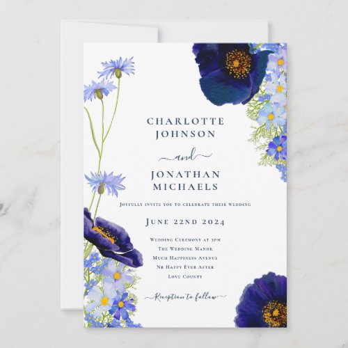 Modern Navy Blue Elegant Wildflower Wedding Invitation