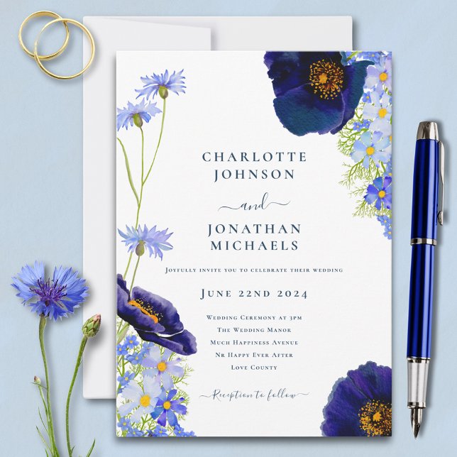 Modern Navy Blue Elegant Wildflower Wedding Invitation (Modern wildflower blue wedding invitation with watercolor florals and elegant typography )