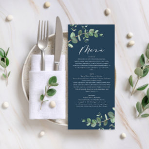 Modern navy blue eucalyptus elegant wedding menu