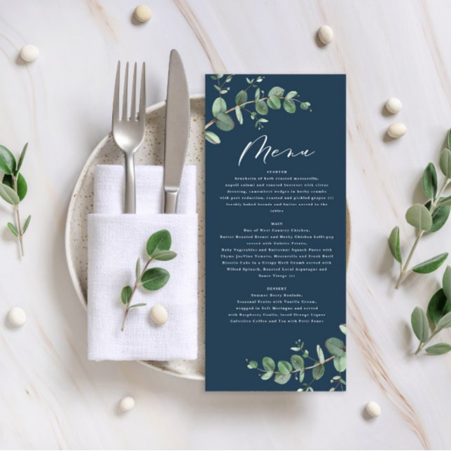 Modern navy blue eucalyptus elegant wedding menu (Creator Uploaded)
