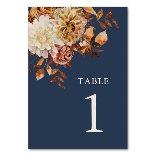 Modern Navy Blue Fall Wedding Table Number