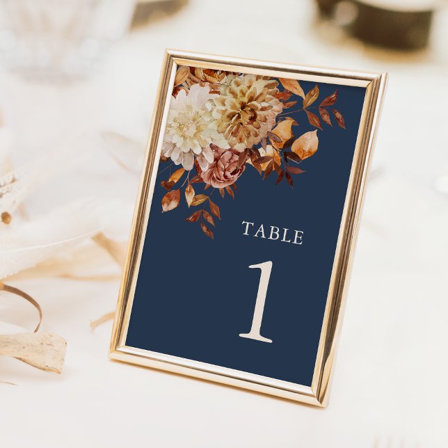 Modern Navy Blue Fall Wedding Table Number (Modern Navy Blue Fall Floral Wedding Table Number by Painted Paperie)