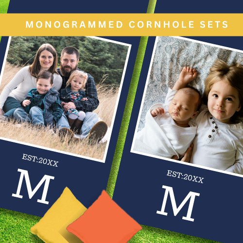 Modern Navy Blue Family Name Monogram 2 Photo   Cornhole Set