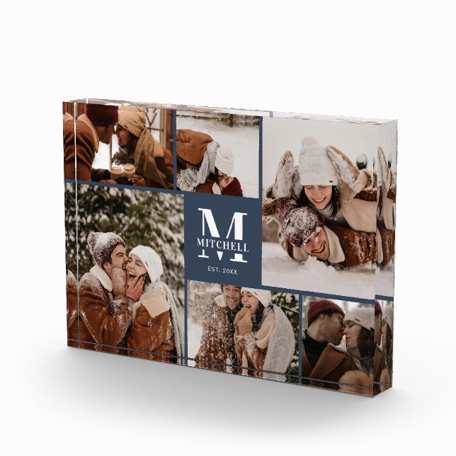 Modern Navy Blue Family Photo Collage Keepsake Block (Right)