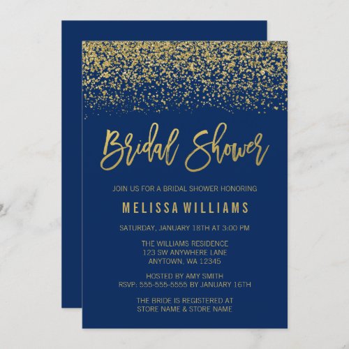 Modern Navy Blue Faux Gold Glitter Bridal Shower Invitation