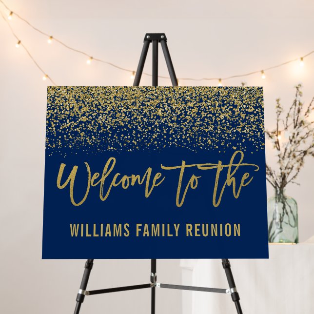 Modern Navy Blue Faux Gold Glitter Reunion Welcome Foam Board (In Situ (Stand))