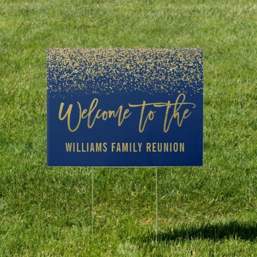 Modern Navy Blue Faux Gold Glitter Reunion Welcome