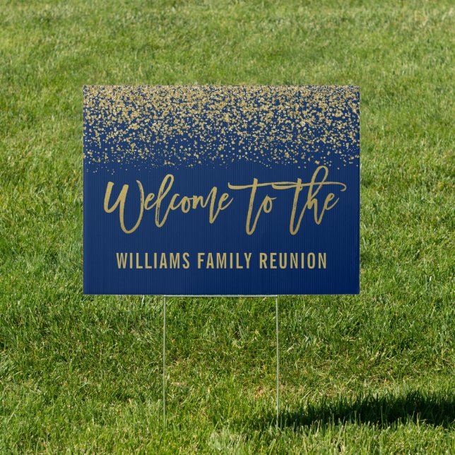 Modern Navy Blue Faux Gold Glitter Reunion Welcome Sign (Insitu)