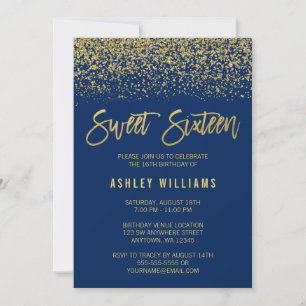 Modern Navy Blue Faux Gold Glitter Sweet 16 Invitation