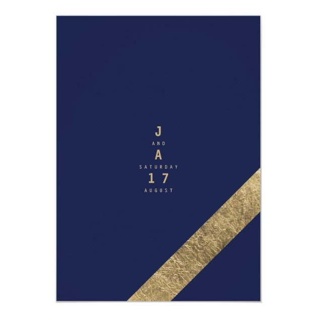 Modern Navy Blue Faux Gold Stripes Elegant Wedding Invitation