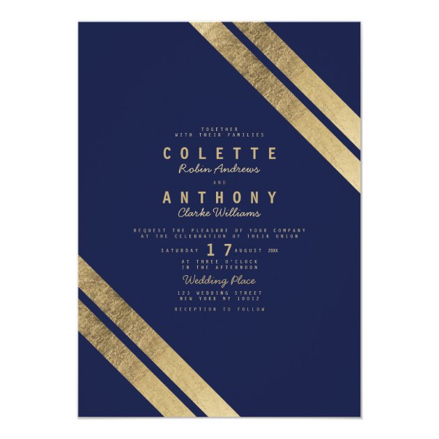 Modern Navy Blue Faux Gold Stripes Elegant Wedding Invitation