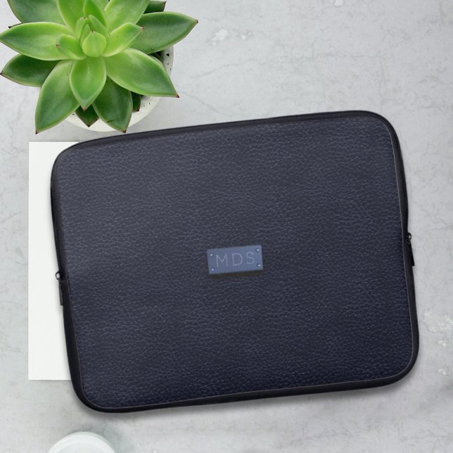 Modern Navy Blue Faux Leather Look Monogrammed Laptop Sleeve (Creator Uploaded)