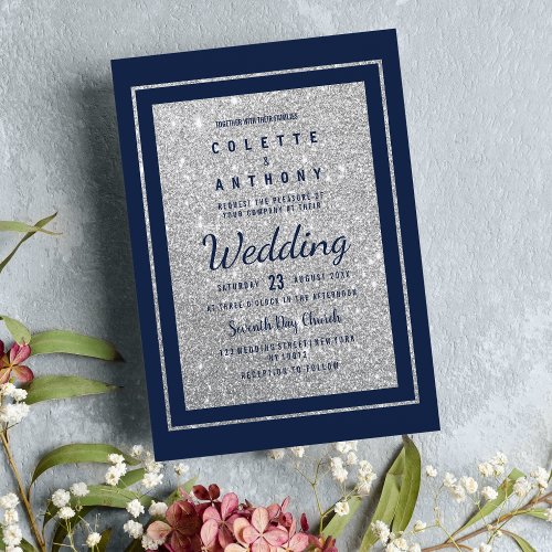Modern navy blue faux silver glitter Wedding Invitation