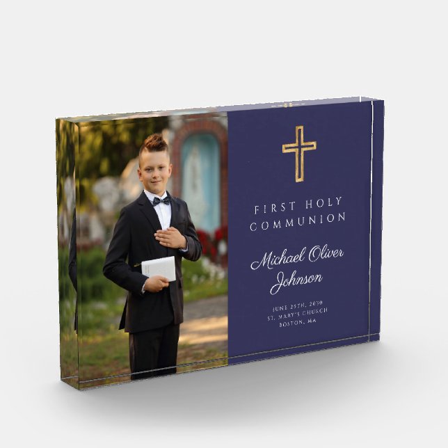 Modern Navy Blue First Holy Communion Boy Picture Photo Block (Left)