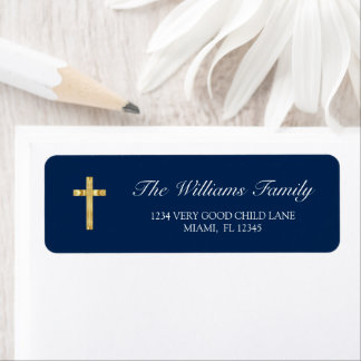Modern Navy Blue First Holy Communion Gold Cross Label