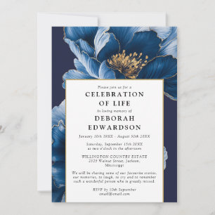 Modern Navy Blue Floral Celebration Of Life Invitation