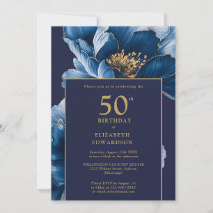 Modern Navy Blue Floral Elegant Birthday Invitation
