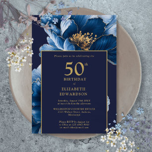 Modern Navy Blue Floral Elegant Birthday Invitation