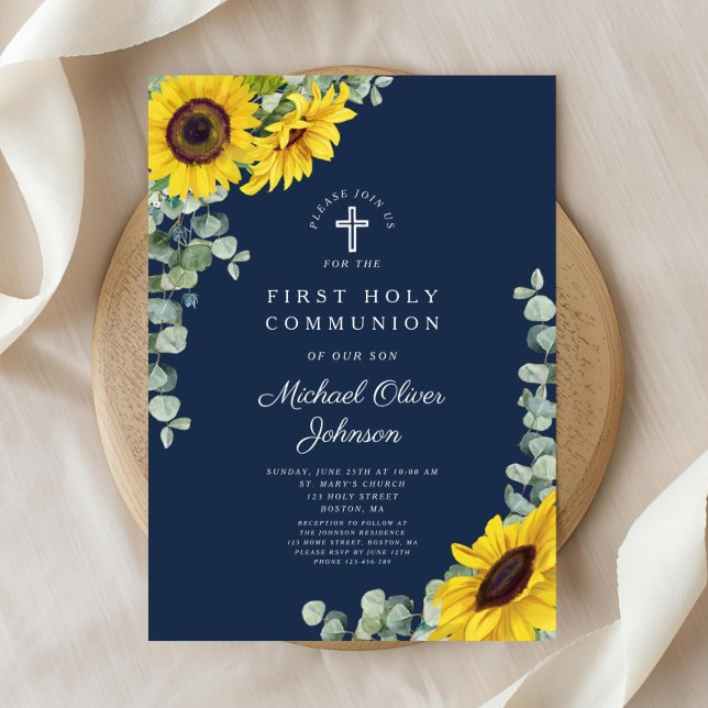 Modern Navy Blue Floral First Holy Communion Invitation (Modern Navy Blue Floral First Holy Communion Invitation)