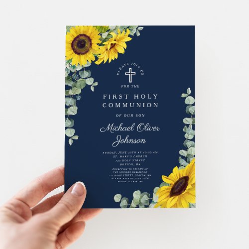 Modern Navy Blue Floral First Holy Communion Invitation