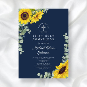 Modern Navy Blue Floral First Holy Communion Invitation