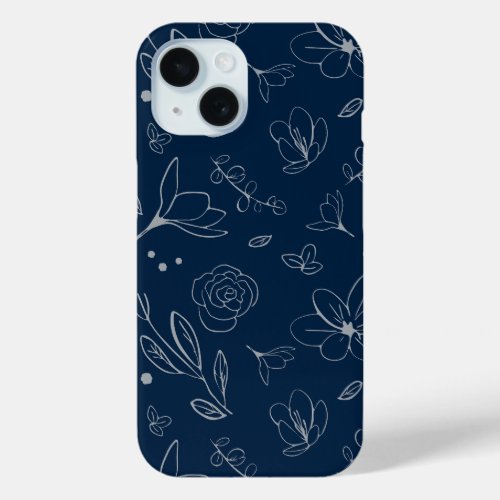Modern Navy Blue Floral Illustration iPhone 15 Case