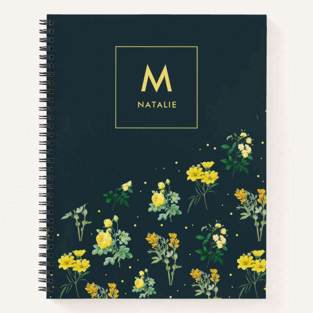 Modern Navy Blue Floral Pattern Monogram Notebook (Front)