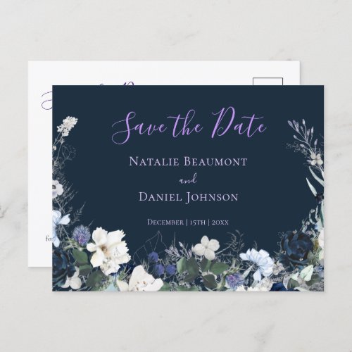 Modern Navy Blue Floral Save the Date Announcement Postcard