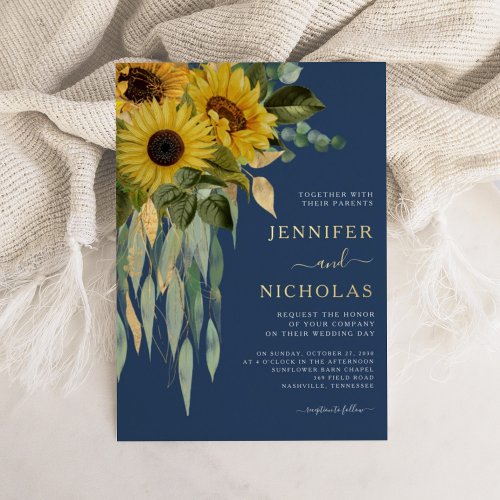 Modern Navy Blue Floral Sunflower Wedding Gold Foil Invitation