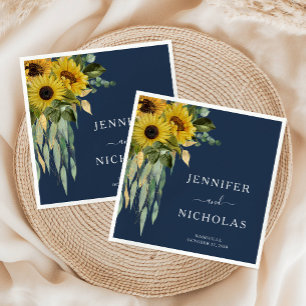 Modern Navy Blue Floral Sunflower Wedding Napkins