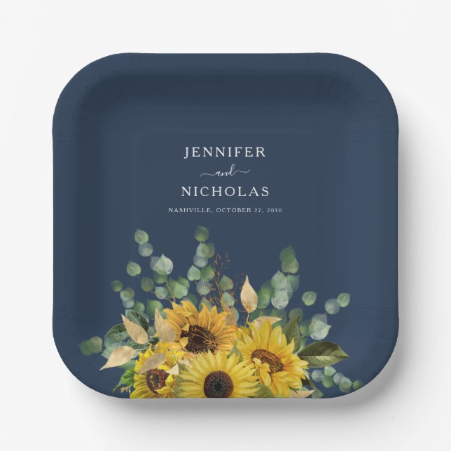 Modern Navy Blue Floral Sunflower Wedding Paper Plates (Front)