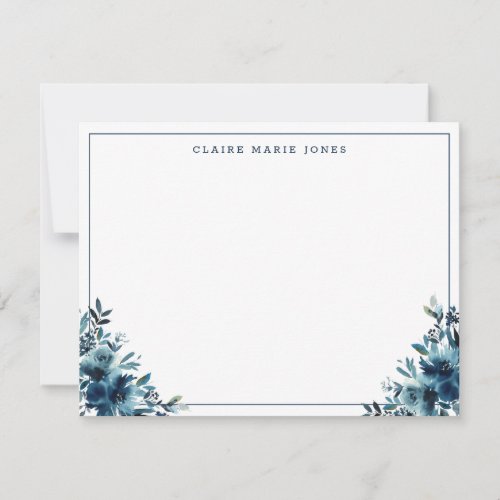 Modern Navy Blue Floral Watercolor Thin Border Note Card