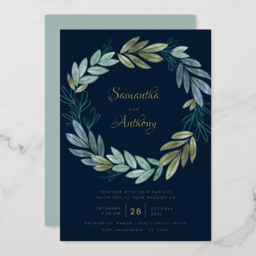 Modern Navy Blue Floral Wedding  Foil Invitation