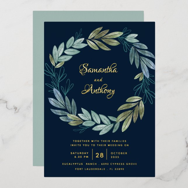 Modern Navy Blue Floral Wedding  Foil Invitation (Front/Back)