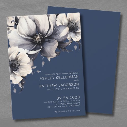 Modern Navy Blue Floral Wedding Invitation