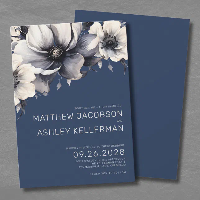 Modern Navy Blue Floral Wedding Invitation | Zazzle