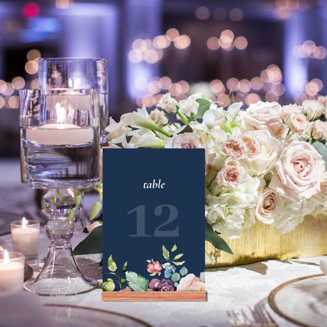 Modern Navy Blue Floral Wedding Table Card Number (Creator Uploaded)