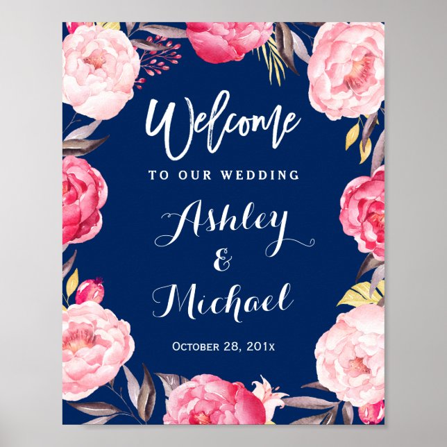 Modern Navy Blue Floral Wreath Wedding Sign (Front)